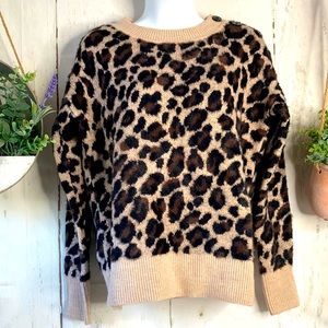 Ann Taylor Leopard Animal Print Fuzzy Soft Sweater Tan Brown Black